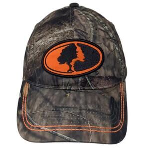 Mossy Oak Baseball Cap Brown Orange Camo Stretch Fitted Hat Size M Embroidered